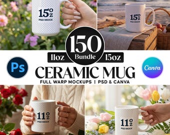 150 Ceramic Mug Mockups Bundle, 11oz 15oz Full Wrap PSD Canva