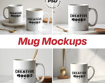Mug Mockup Bundle, Marble & Gold Accent, PSD JPG Mockups