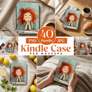 May include: Kindle case mockup bundle featuring a whimsical illustration of a girl with red hair. The design is displayed on various surfaces, including a table and bed. The text "Kindle Case PSD Mockups" is also visible.