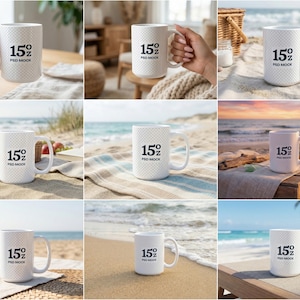 May include: White ceramic mug with a textured pattern, featuring the text "15 oz PSD MOCK" in black. The mug is shown in various outdoor settings, including a beach and a picnic.