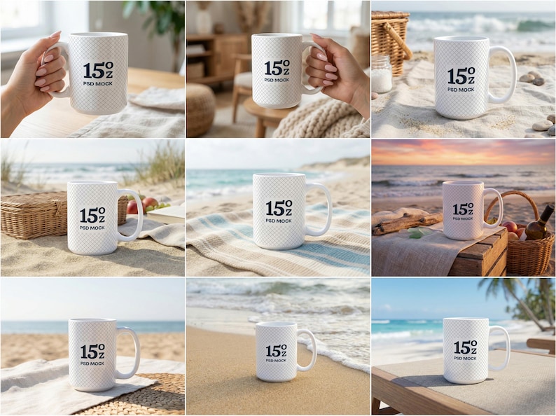 May include: White ceramic mug with a textured pattern, featuring the text "15 oz PSD MOCK" in black. The mug is shown in various outdoor settings, including a beach and a picnic.