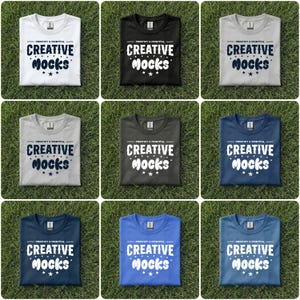 May include: Nine folded t-shirts in various colors, including white, black, gray, and blue, are displayed on grass. Each shirt features the text "CREATIVE MOCKS" in a stylized font, with the brand name "PRINTIFY X PRINTFUL" above.