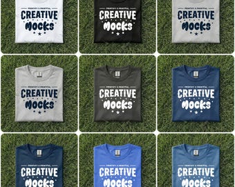 Gildan 64000 Folded T-Shirt Mockups, Flat Lay Grass Background (35 Pack)