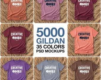 Gildan 5000 T-Shirt Mockups, 35 Colors, Rustic Straw Flat Lay (PSD)