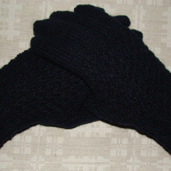 Hand knitted dark blue warm men gloves