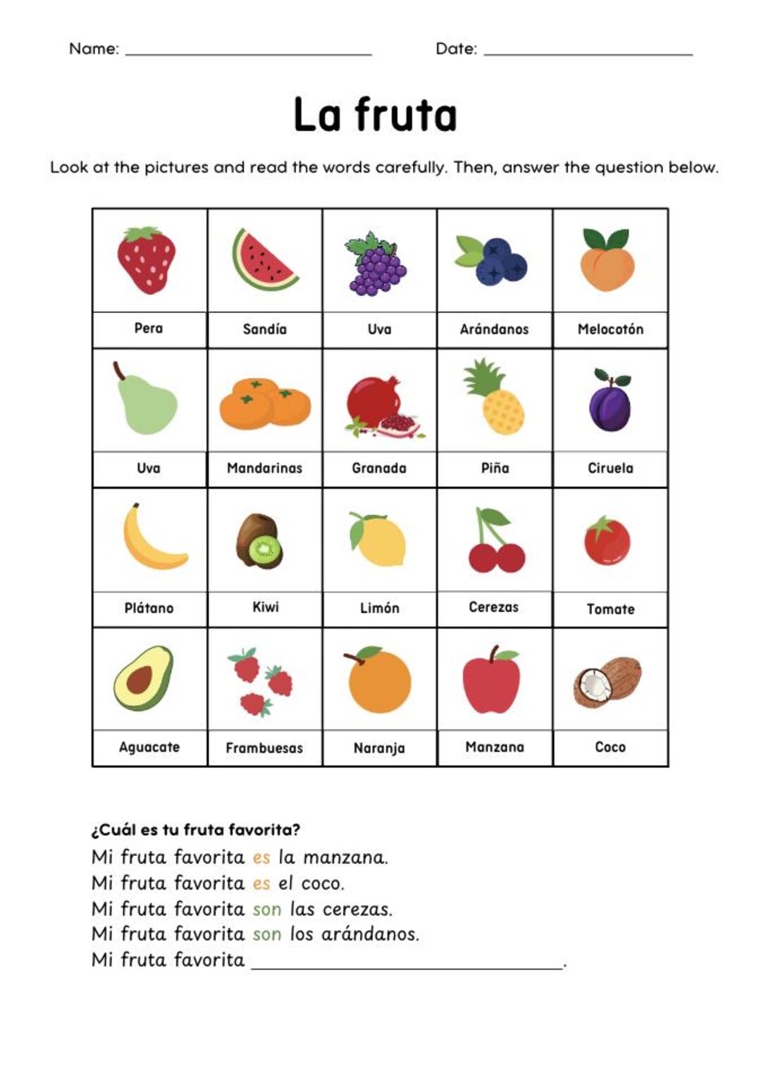 Spanish Fruit Vocabulary Worksheet PDF – Learn Fruits in Spanish – Fun ...