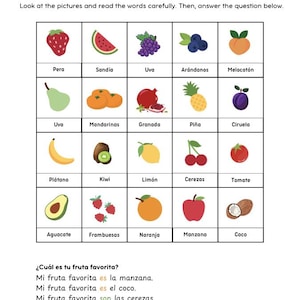 Hoja de trabajo de vocabulario de frutas en español (PDF) – Aprende frutas en español – Imprimible divertido para niños y principiantes