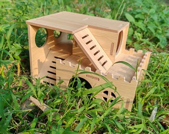 2-Stöckiges Hamsterhaus aus Holz - Gemütliches mehrstöckiges Versteck, kleine Haustierkäfig-Accessoire für Zwerge, Robo, Rennmäuse, Mäuse und Kleintiere