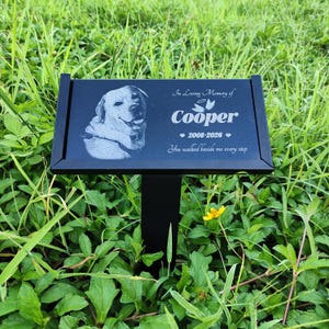 Può includere: Un picchetto commemorativo rettangolare in metallo nero con il ritratto inciso di un cane a sinistra e il testo In Loving Memory of Cooper 2008-2026 You walked beside me every step con due piccoli cuori e un'icona a forma di aureola.