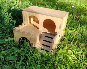 Hamsterversteck Tunnelhaus mit Rutsche, 2-stufiges kaufestes Holznest aus Holz für Zwerghamster, Rennmäuse und kleine Haustiere, lustiges Haus für Nagetiere