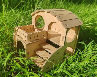 Hamsterversteck aus Holz mit lustiger Rutsche: Kauresistente Multi-Room-Villa, Käfigzubehör & Versteck für Gold-, Zwerg- und Wüstenhamster