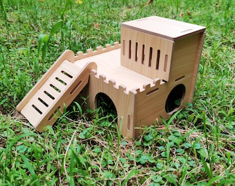 Casa de dos pisos para hámsteres: refugio de madera y villa de juegos para hámsteres pequeños: sirio bebé, enano, robot, blanco de invierno, accesorio para jaulas pequeñas.