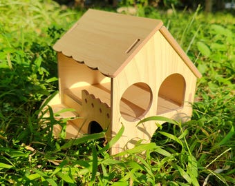 Wooden Two-Story Hamster House: Sunbathing Deck Cozy Hideout for Dwarf, Gerbil, Robo, Winter White Hamsters, Safe Hideaway for Small Animals