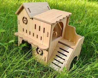Wooden Hamster Hideout House: Double-Decker, Multi-Level Cozy Villa, Chew-Resistant Cage Accessory for Syrian Hamsters, Indoor Playground
