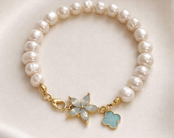 Baroque Pearl Bracelet with Blue Flower Charm, Gold Plated Women Jewelry