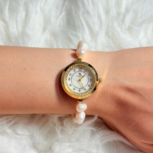 Handmade Gold Watch: Baroque Freshwater Pearl Bracelet, Elegant Wristwatch