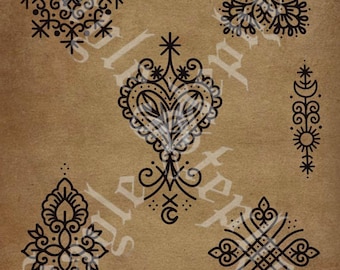 May include: A sepia-toned print showcasing six detailed black ornamental designs. The designs include floral, geometric, and heart-shaped motifs. The print has a vintage aesthetic, with the artist's initials in the lower right corner.
