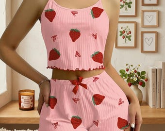 Conjunto de pijama de fresas: Camiseta sin mangas acanalada, pijama de verano para mujer, ropa de estar por casa.