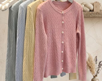 Women's Cardigan: Pearl Button, Knit Soft, Autumn Winter, Long Sleeve Sweater Top