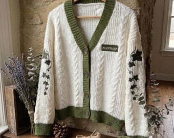 Vine Embroidered Cardigan: Cable Knit Button Down, Vintage Fall Winter Sweater Women