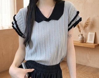 Collar Knit Top: Contrast Collar, Short Sleeve, Chic Summer Style Casual Blouse