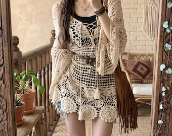 Women's Crochet Tunic: Lace Open Knit, Tassel Detail, Boho Style, Beach Cover Up