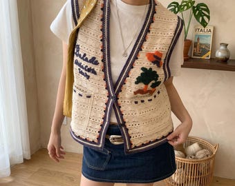 Crochet Vest Top: Button Front, Pocket Detail, Boho Summer Style Knit Waistcoat