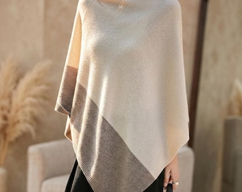 Asymmetric Knit Poncho Women Color Block Cape Sweater Top Spring Autumn Outfit