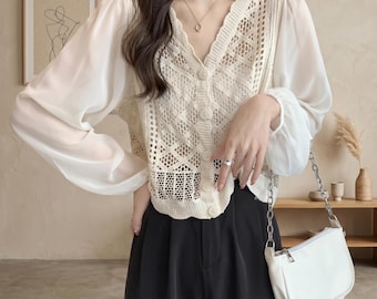 Crochet Knit Cardigan: Open Front, Lace Hollow, Summer Lightweight Style Layering Top