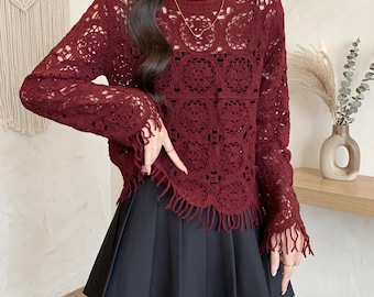 Women's Crochet Top: Sheer Knit, Fringe Hem, Boho Style, Long Sleeve Blouse