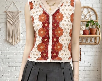 Floral Crochet Vest: Button Front, Sleeveless, Boho Summer Style Knit Waistcoat Top