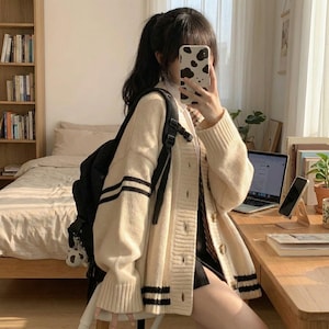Luźny kardigan w paski, damski, vintage, jesienno-zimowy, jednorzędowy, koreański sweter dzianinowy