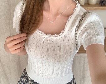 Pointelle Knit Top: Lace Trim, Bow Detail, Coquette Summer Style Crop Blouse