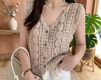 Crochet Fringe Vest: Button Front, Sleeveless, Boho Summer Style Knit Waistcoat Top