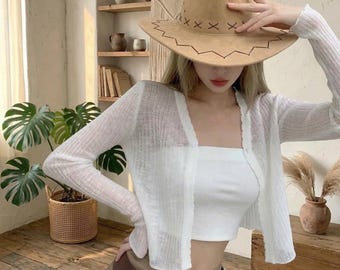 Lightweight Knit Cardigan Women One Button Long Sleeve Crop Sweater Balletcore Summer Top