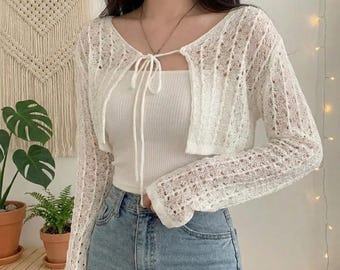 Crochet Tie Front Bolero Women Sheer Knit Shrug Lightweight Fairycore Summer Cardigan Top