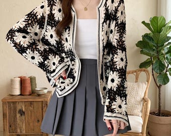 Cárdigan de ganchillo: estampado de margaritas, punto calado, estilo boho vintage, cárdigan de manga larga para mujer.