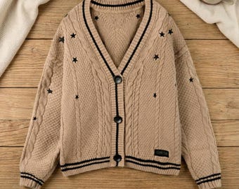 Fearless Taylor Inspired Cardigan Oversized Cable Knit Star Embroidered Cozy Sweater Gift