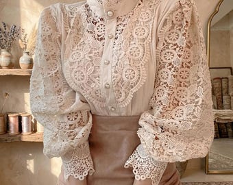 Women Lace Blouse Vintage Stand Collar Long Sleeve Elegant Cottagecore Office Shirt Top