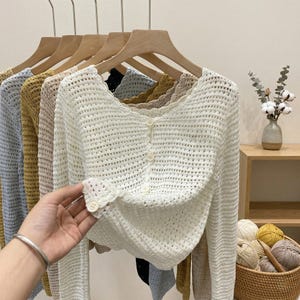 Pointelle Knit Cardigan Women Sweater Jacket Crop Button Up Lightweight Summer Top