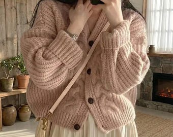 Fashion Knitted Cardigan Women V-Neck Loose Sweater Warm Autumn Winter Long Sleeve Top