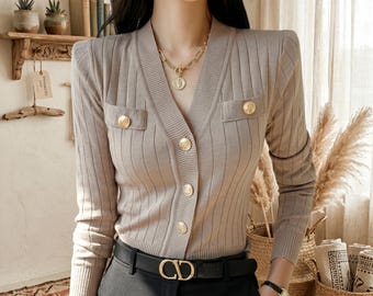 Women's Knit Cardigan: V Neck, Ribbed Fit, Vintage Autumn Style Button Sweater