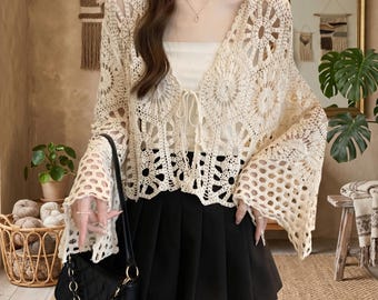 Crochet Lace Top: Tie Front, Open Knit, Summer Beach Style Cover Up Blouse