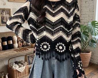 Women's Crochet Sweater: Zigzag Knit, Tassel Detail, Boho Style, Long Sleeve Pullover