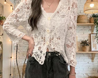 Crochet Cardigan Women Sheer Lace Button Down Beach Cover Up Summer Boho Top