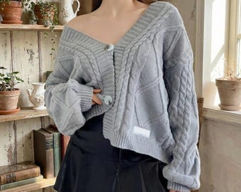 Y2K Cropped Oversized Cardigan Women Cropped Cable Knit Loose Fit Cozy Sweater