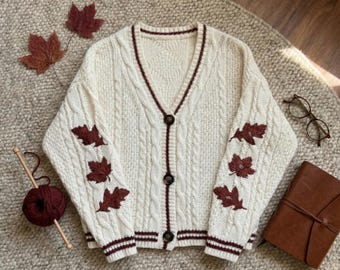Autumn Leaves Knitted Cardigan Women Maple Leaf Embroidered V-Neck Single Breasted Sweater