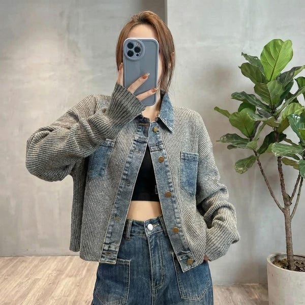 Dames Denim Patchwork Gebreid Vest Jas Korte Jas Lange Mouw Single Breasted Trui