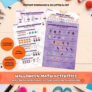 Halloween-matteövningsbok, åldrarna 5-8, grundläggande operationer, bildproblem (digital nedladdning)