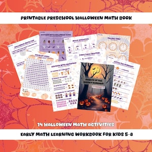 Cuaderno de ejercicios de matemáticas imprimible para niños de 5 a 8 años: cuatro operaciones básicas y problemas matemáticos con imágenes para Halloween.